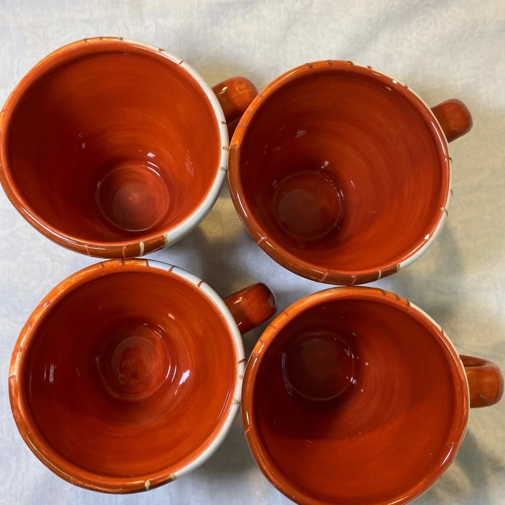 Pier 1 Canyon Stripe Hand Painted Earthenware Mug Set Orange White 4pc